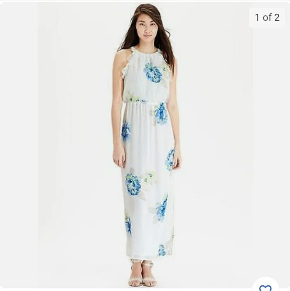 Old Navy Women's Floral Chiffon Maxi Dress White BLUE FLORAL Sleveless Ruffle S